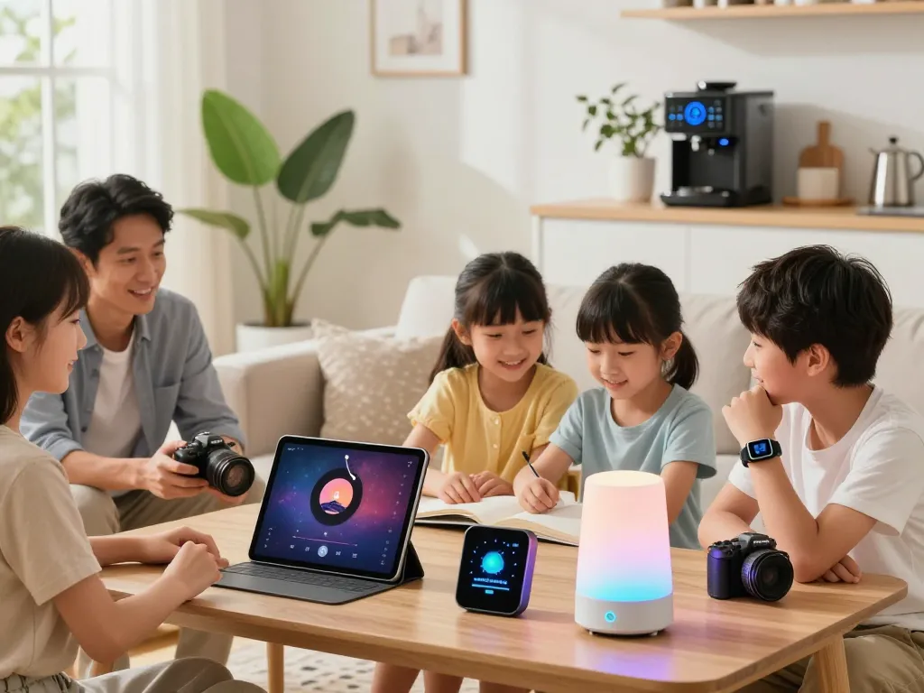 Engaging family moment with tech gadgets for home enhancing their lifestyle in a cozy living room.
