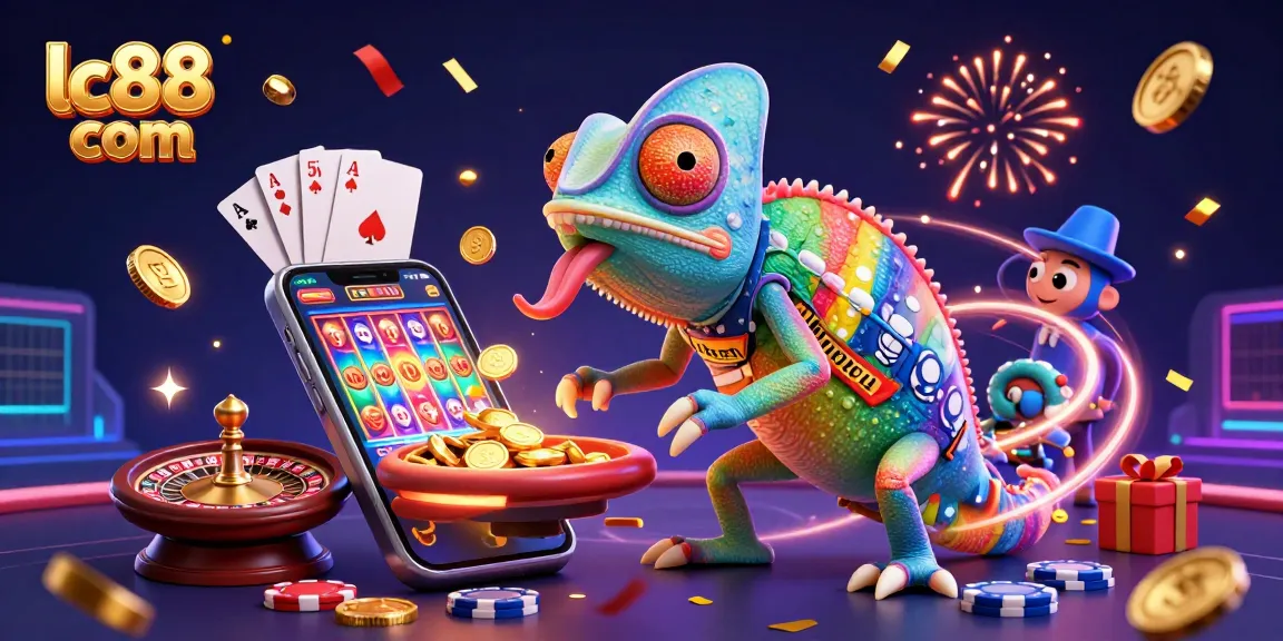 Playing at lc88 com is thrilling, with the chameleon casino owner amidst vibrant casino symbols.