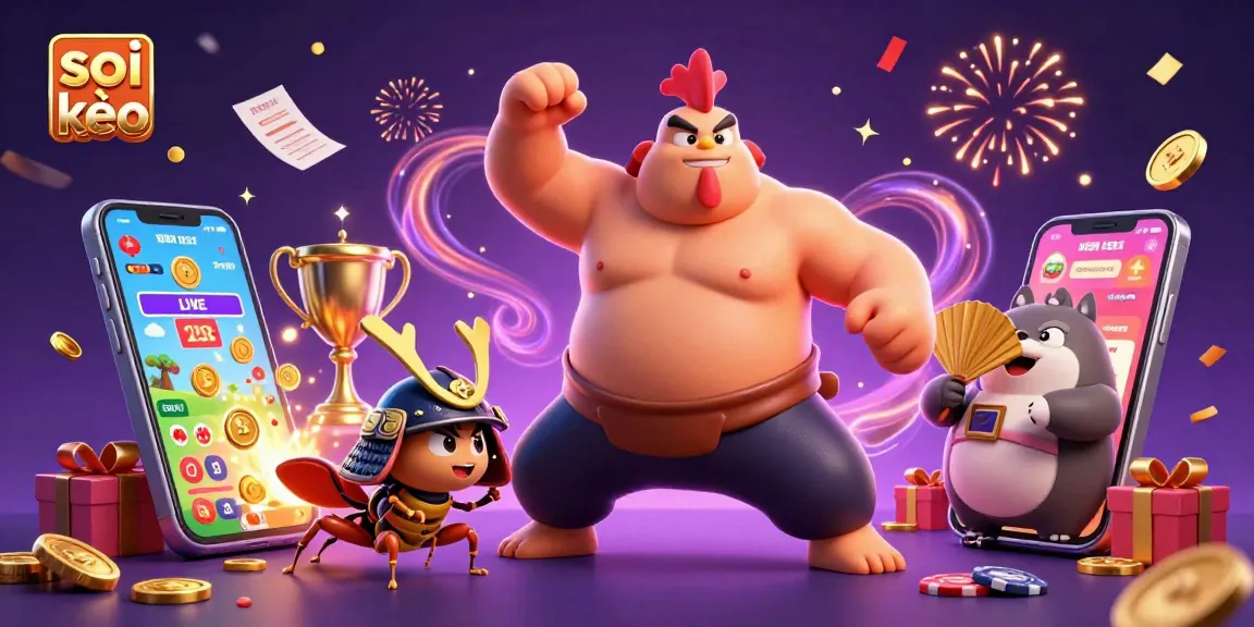 Soi kèo sports betting illustration with a powerful sumo rooster, a fierce samurai cricket, and a tanuki announcer combining elements of excitement and winning strategy.