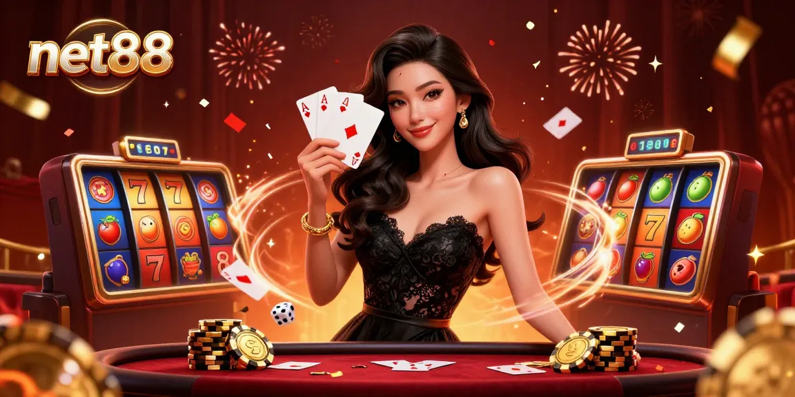 Experience the thrill of net88 with an elegant Asian woman in a luxurious casino setting, holding ace cards.