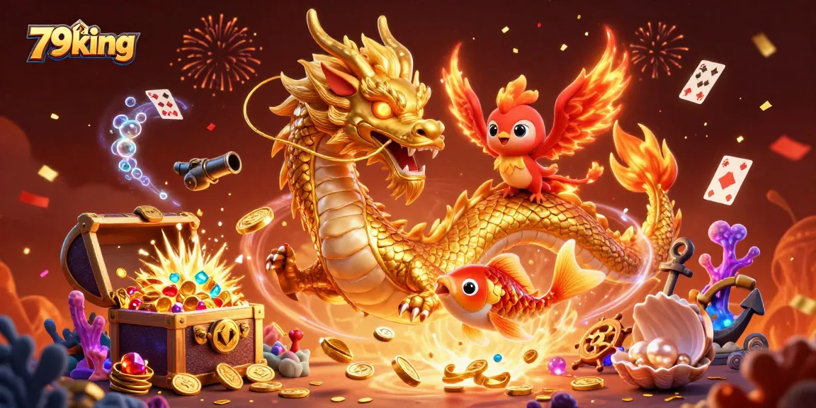 Experience the excitement of gambling with 79king's unique casino elements, including dragons, coins, and vibrant illustrations.