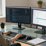 Developer coding at a desk with dual monitors, showcasing the WPS Official Website tools and tech gadgets, in a modern workspace.