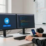 Download Telegram app in a productive tech workspace showcasing advanced messaging features and coding interface.