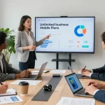 Team collaborating on unlimited business mobile plans in a modern office setting.