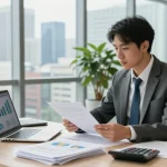 Get a merchant cash advance in a professional office environment with an entrepreneur working on business finances