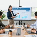 Dynamic business meeting discussing merchant cash advance companies with diverse professionals analyzing data.