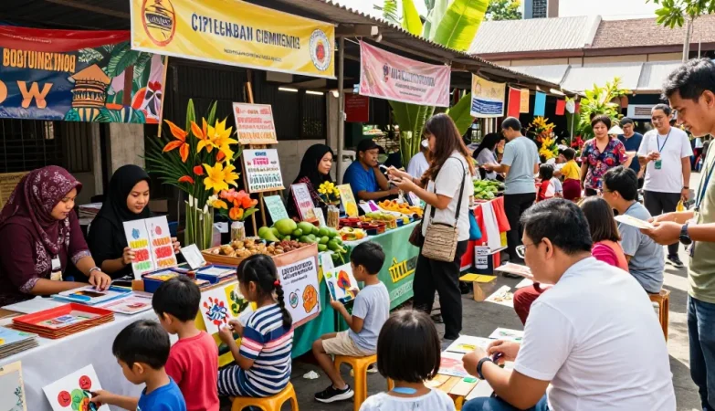 Local artisans showcasing their crafts at a vibrant rokok88 marketplace in Indonesia, highlighting community engagement.